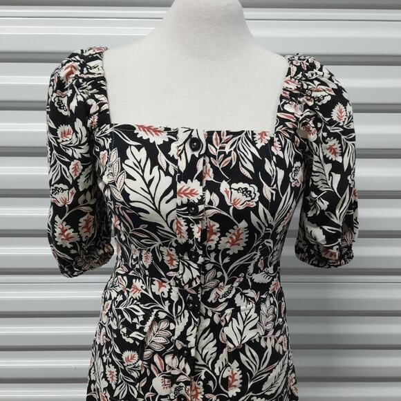 BCBGMAXAZRIA Dress Womens 0 Black White Floral Linen Blend Button Front Midi - Picture 4 of 10